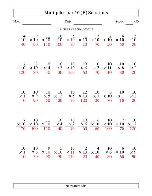 Multiplier (1 à 12) par 10 (50 Questions) (B) page 2