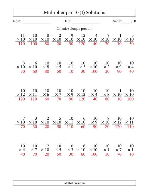 Multiplier (1 à 12) par 10 (50 Questions) (I) page 2