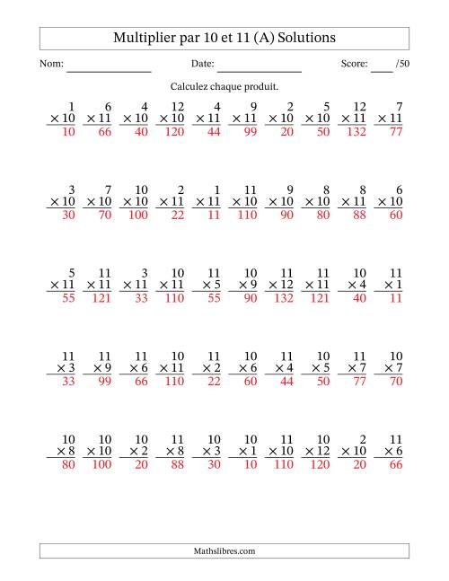 Multiplier (1 à 12) par 10 et 11 (50 Questions) (A) page 2