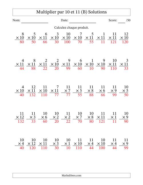 Multiplier (1 à 12) par 10 et 11 (50 Questions) (B) page 2