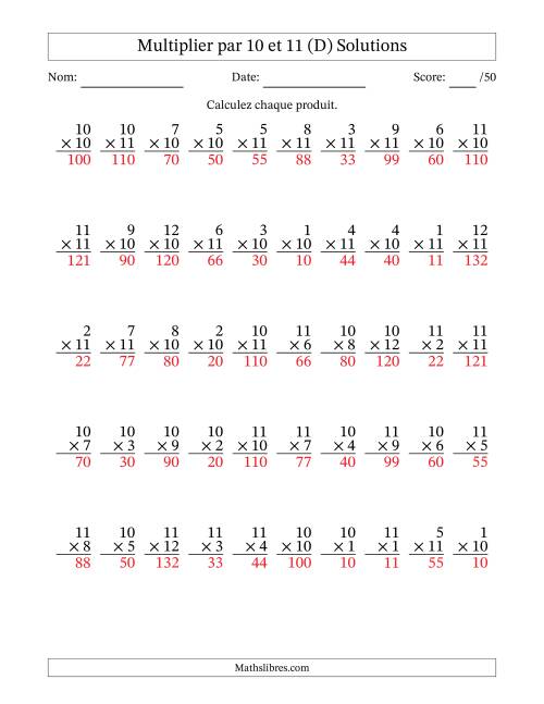 Multiplier (1 à 12) par 10 et 11 (50 Questions) (D) page 2