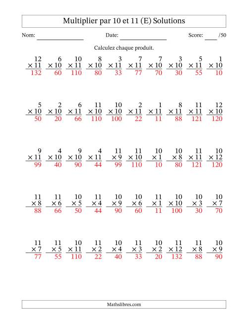 Multiplier (1 à 12) par 10 et 11 (50 Questions) (E) page 2