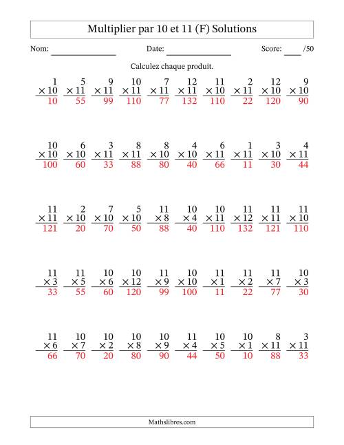 Multiplier (1 à 12) par 10 et 11 (50 Questions) (F) page 2