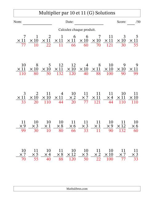 Multiplier (1 à 12) par 10 et 11 (50 Questions) (G) page 2