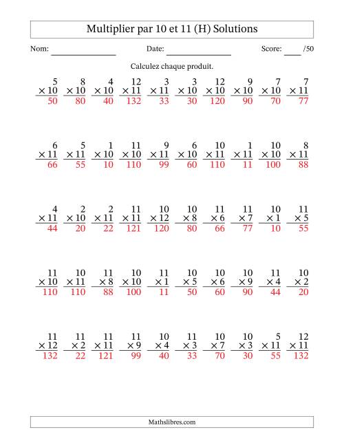 Multiplier (1 à 12) par 10 et 11 (50 Questions) (H) page 2