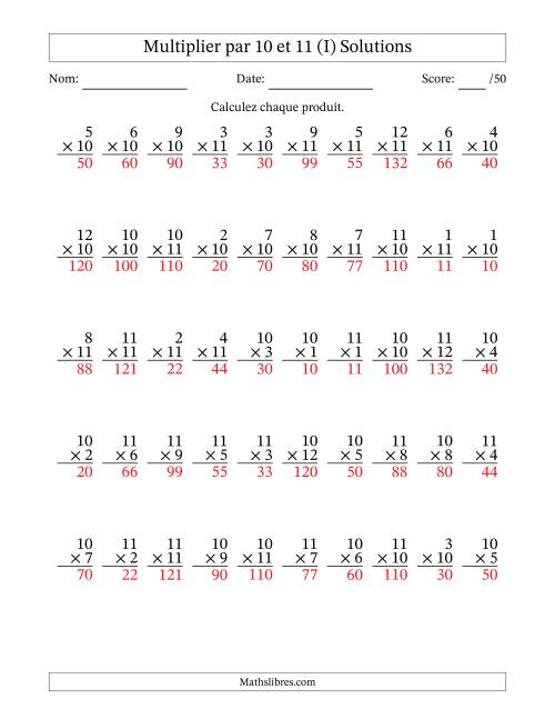 Multiplier (1 à 12) par 10 et 11 (50 Questions) (I) page 2