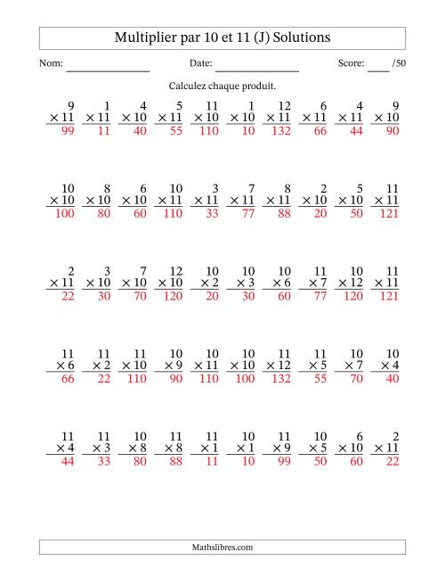 Multiplier (1 à 12) par 10 et 11 (50 Questions) (J) page 2