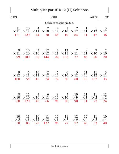 Multiplier (1 à 12) par 10 à 12 (50 Questions) (H) page 2