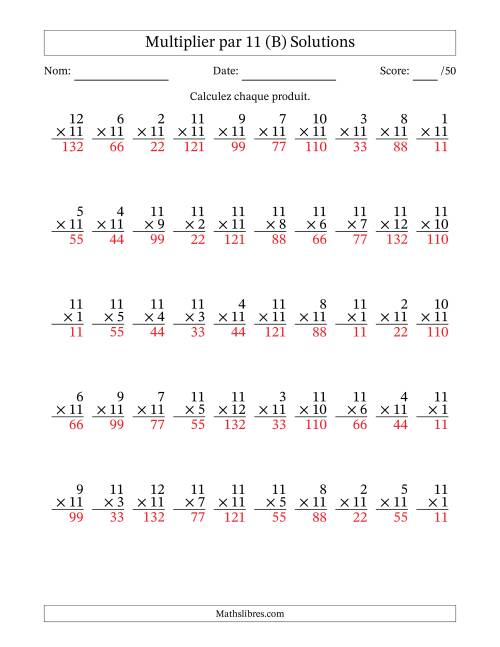 Multiplier (1 à 12) par 11 (50 Questions) (B) page 2