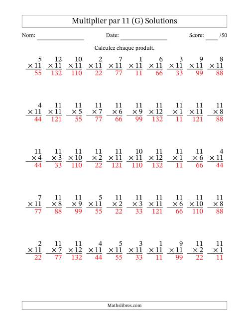 Multiplier (1 à 12) par 11 (50 Questions) (G) page 2