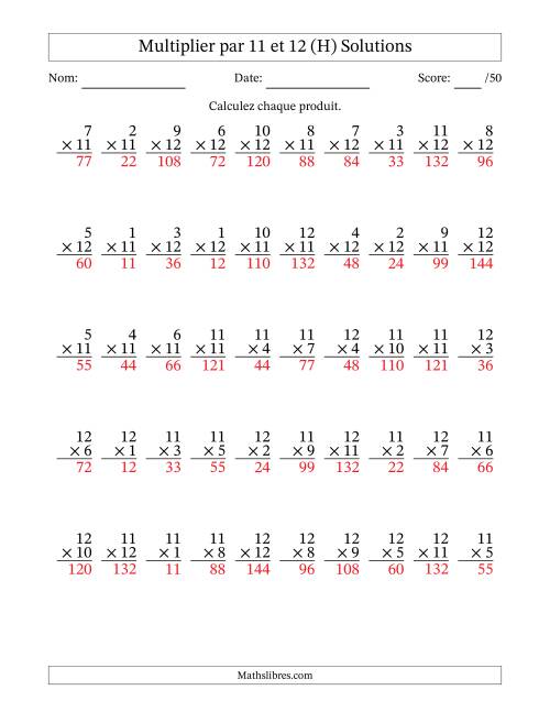 Multiplier (1 à 12) par 11 et 12 (50 Questions) (H) page 2