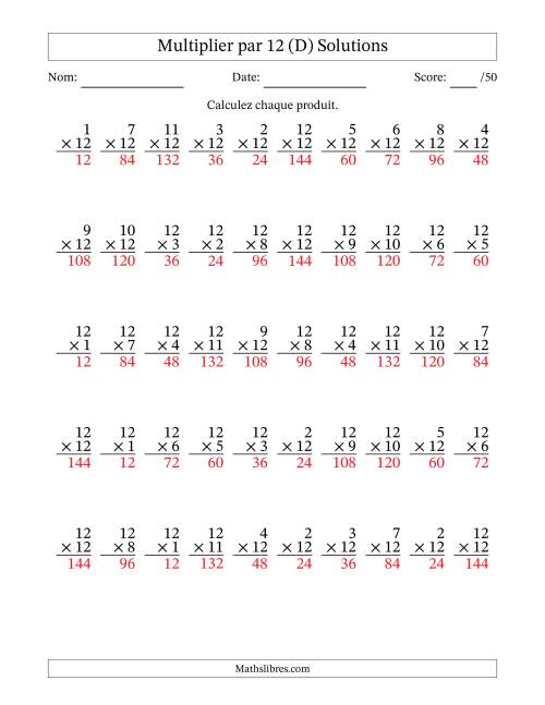 Multiplier (1 à 12) par 12 (50 Questions) (D) page 2
