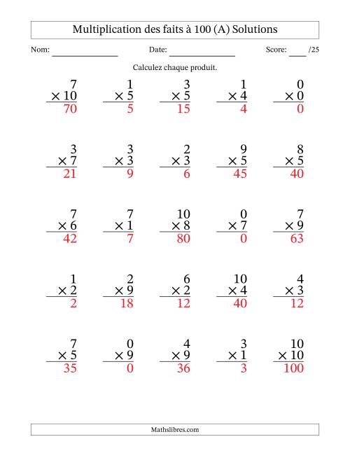 Multiplication des faits à 100 (25 Questions) (Avec zéros) (A) page 2