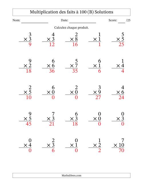 Multiplication des faits à 100 (25 Questions) (Avec zéros) (B) page 2