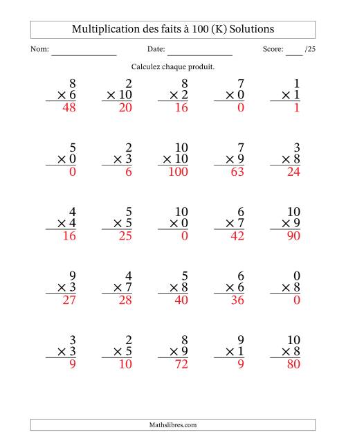 Multiplication des faits à 100 (25 Questions) (Avec zéros) (K) page 2