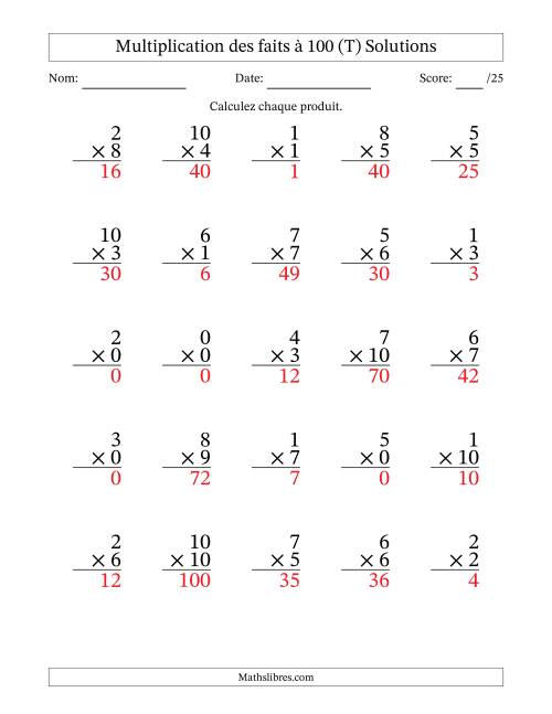 Multiplication des faits à 100 (25 Questions) (Avec zéros) (T) page 2