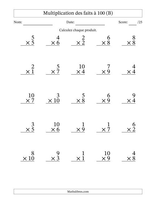 Multiplication des faits à 100 (25 Questions) (Pas de zéros) (B)
