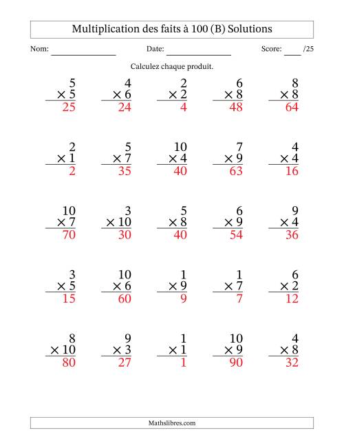 Multiplication des faits à 100 (25 Questions) (Pas de zéros) (B) page 2