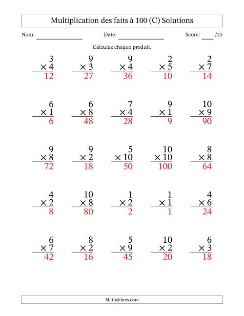 Multiplication des faits à 100 (25 Questions) (Pas de zéros) (C) page 2
