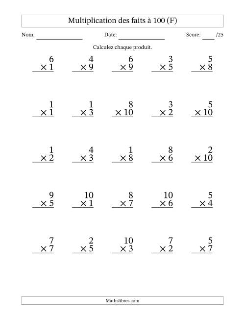 Multiplication des faits à 100 (25 Questions) (Pas de zéros) (F)