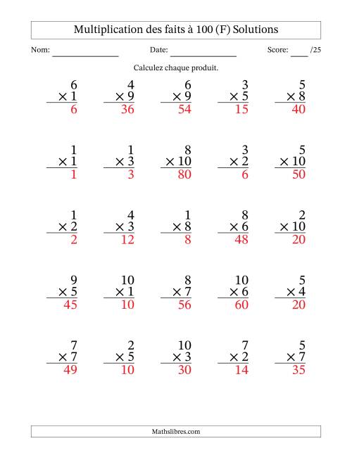 Multiplication des faits à 100 (25 Questions) (Pas de zéros) (F) page 2