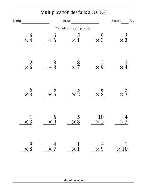 Multiplication des faits à 100 (25 Questions) (Pas de zéros) (G)