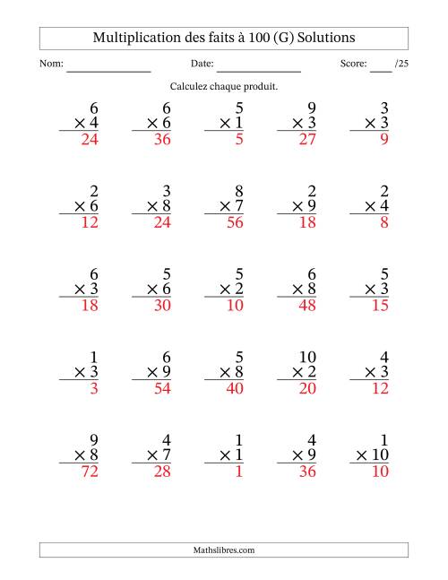 Multiplication des faits à 100 (25 Questions) (Pas de zéros) (G) page 2