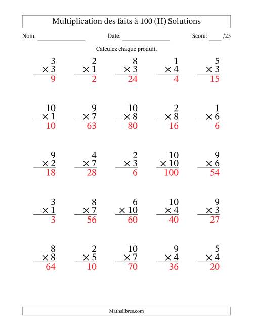 Multiplication des faits à 100 (25 Questions) (Pas de zéros) (H) page 2