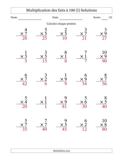Multiplication des faits à 100 (25 Questions) (Pas de zéros) (I) page 2