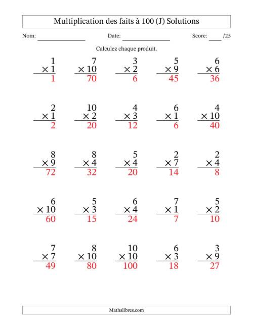 Multiplication des faits à 100 (25 Questions) (Pas de zéros) (J) page 2