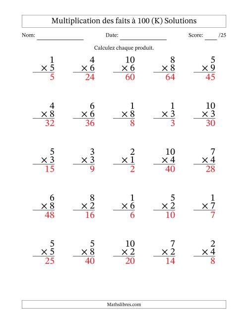 Multiplication des faits à 100 (25 Questions) (Pas de zéros) (K) page 2