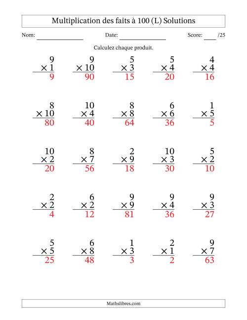 Multiplication des faits à 100 (25 Questions) (Pas de zéros) (L) page 2