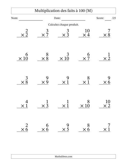 Multiplication des faits à 100 (25 Questions) (Pas de zéros) (M)