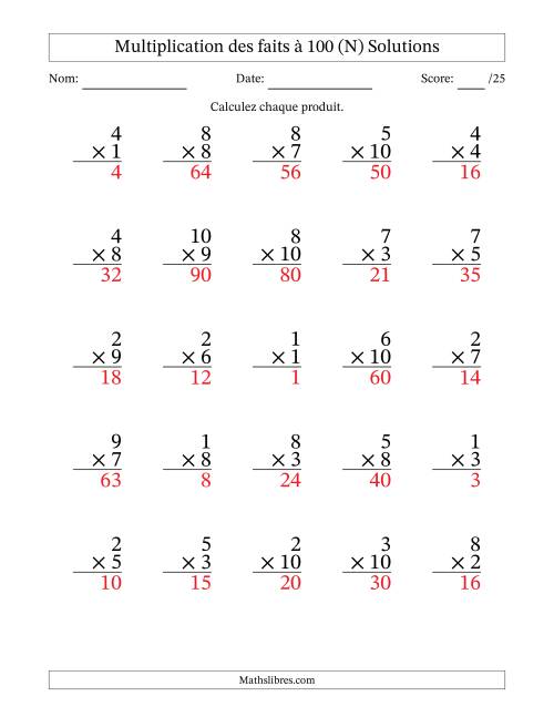 Multiplication des faits à 100 (25 Questions) (Pas de zéros) (N) page 2