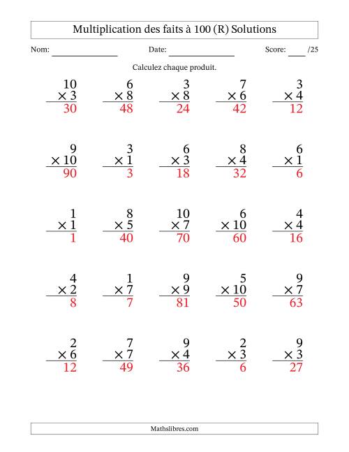 Multiplication des faits à 100 (25 Questions) (Pas de zéros) (R) page 2