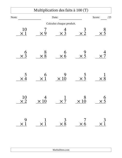Multiplication des faits à 100 (25 Questions) (Pas de zéros) (T)