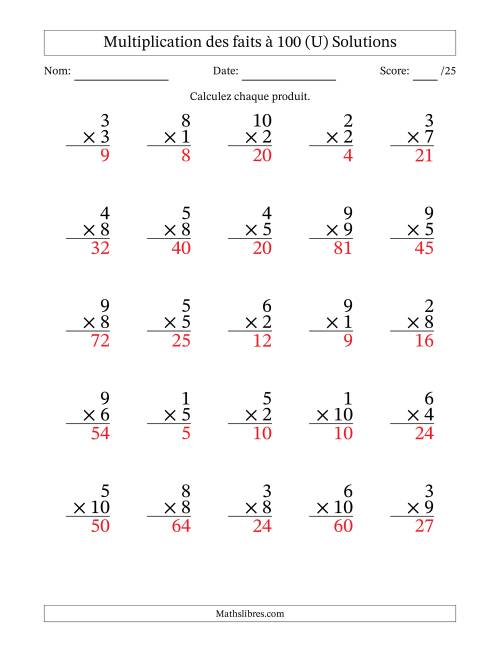 Multiplication des faits à 100 (25 Questions) (Pas de zéros) (U) page 2