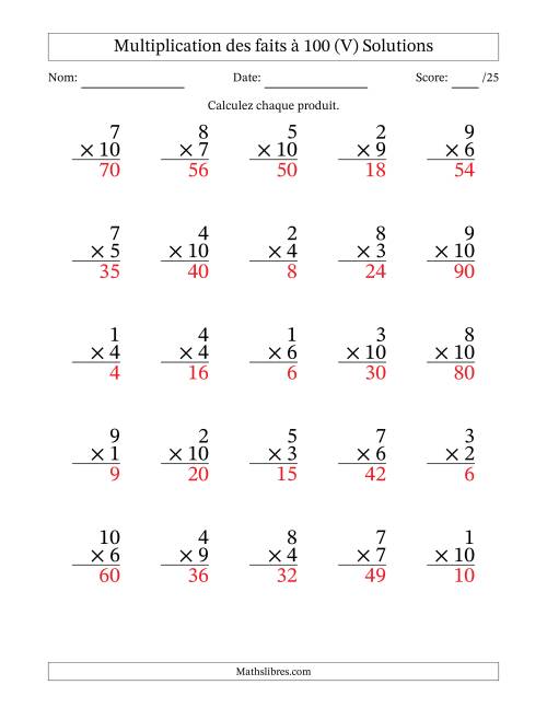 Multiplication des faits à 100 (25 Questions) (Pas de zéros) (V) page 2