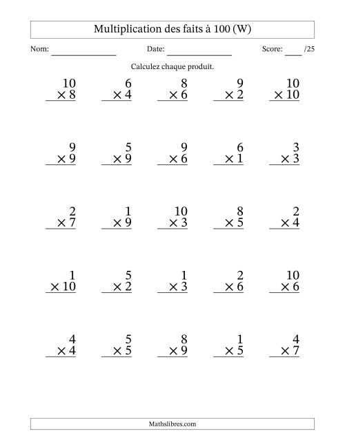 Multiplication des faits à 100 (25 Questions) (Pas de zéros) (W)