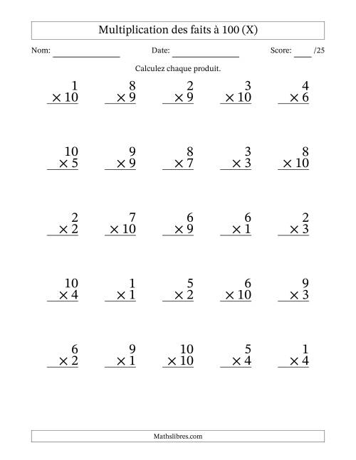 Multiplication des faits à 100 (25 Questions) (Pas de zéros) (X)