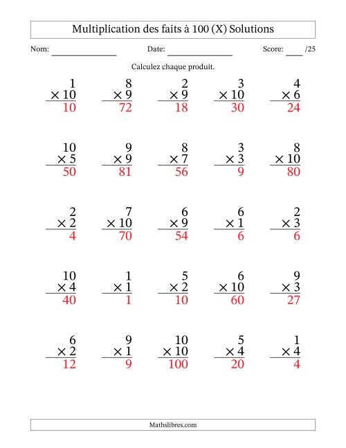 Multiplication des faits à 100 (25 Questions) (Pas de zéros) (X) page 2