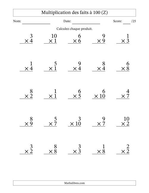 Multiplication des faits à 100 (25 Questions) (Pas de zéros) (Z)