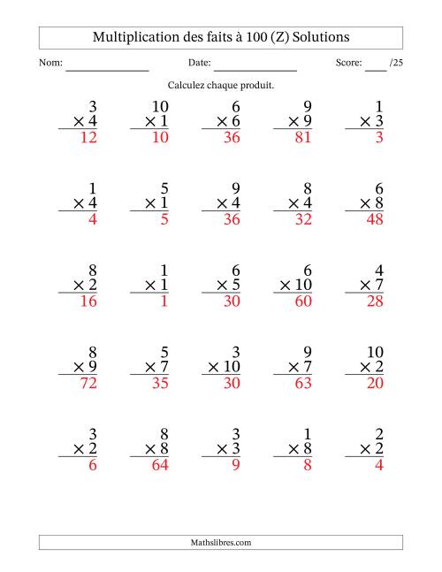 Multiplication des faits à 100 (25 Questions) (Pas de zéros) (Z) page 2