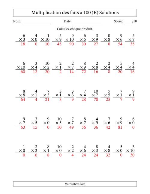 Multiplication des faits à 100 (50 Questions) (Avec zéros) (B) page 2