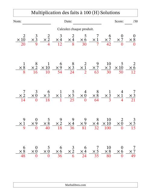 Multiplication des faits à 100 (50 Questions) (Avec zéros) (H) page 2