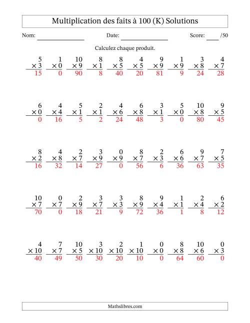 Multiplication des faits à 100 (50 Questions) (Avec zéros) (K) page 2