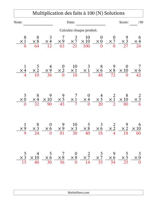 Multiplication des faits à 100 (50 Questions) (Avec zéros) (N) page 2