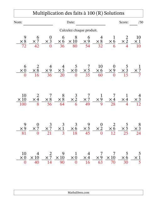 Multiplication des faits à 100 (50 Questions) (Avec zéros) (R) page 2