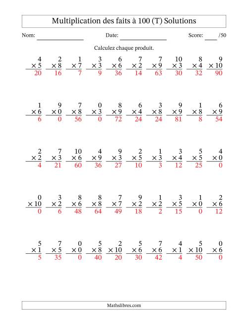Multiplication des faits à 100 (50 Questions) (Avec zéros) (T) page 2
