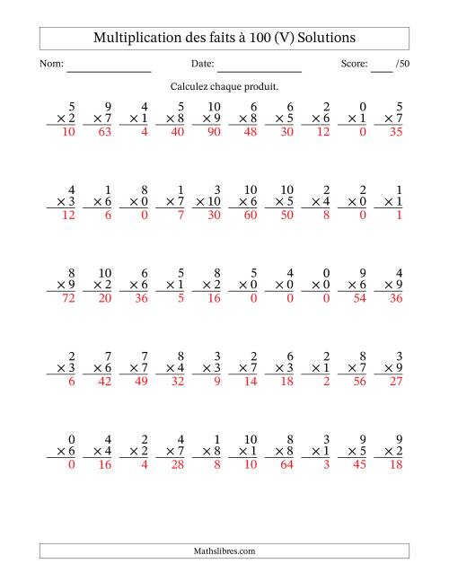 Multiplication des faits à 100 (50 Questions) (Avec zéros) (V) page 2